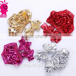 Infant Baby Solid Gold Metallic Bloomer Shorts Ruffle Girls Bloomer With Headband Set thumbnail-1