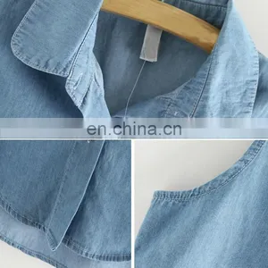Women Solid Color Lapel Sleeveless Denim Shirt Plus Size Clothing thumbnail-3