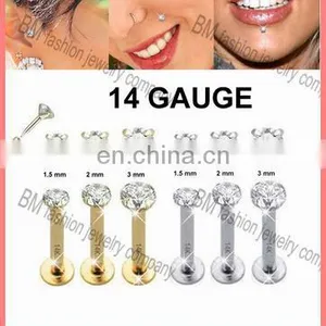 Internal Treaded 14g Lip Rings Gold Body Piercing Jewelry With Shiny Crystal thumbnail-1