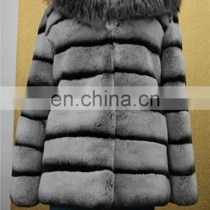 Wholesale New Long Style Womens Winter Fur Coat Whole Skin Real Rex Rabbit Silver Fur Coats With Hood thumbnail-3