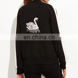MIKA7139 White Striped Sleeve Swan Embroidered Bomber Jacket thumbnail-2