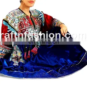 Vintage Handmade Balochi Dress With Tassels- Balochi Tribal Ethnic Coins Dress Handmade Kuchi Dress Ghagra Choli thumbnail-5