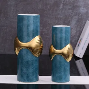 Light Luxury Blue Leather Concave Gild Ceramic Vase For Shopping Mall Hotel Decor thumbnail-1
