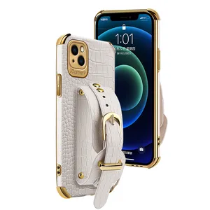 2022 New Wrist Strap Electroplated Crocodile Pattern Four Corner Fall Proof Leather Phone Case For Iphone 8 Plus X Xr 13 14 Pro thumbnail-1