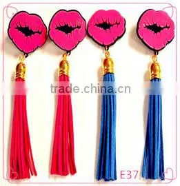Blue Hot Pink PU Leather Tassel Lips Dangle Earrings 2016 New Arrival Brincos Longos For Women thumbnail-1