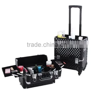 Aluminum Rolling Makeup Case 2 in 1 Cosmetic Artist Train Case Beauty Salon Organizer 4 Wheels Lift Handle thumbnail-2