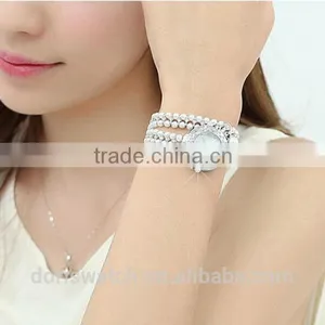 Fashin Alloy Chain Watch 2 Circles Rectangle Pearl Crystal Case Bracelet Luxury Ladies Watches thumbnail-5