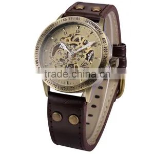 Mens Vintage Bronze Skeleton Analog Auto Sport Mechanical Watch thumbnail-1