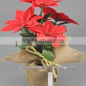 RED ARTIFICIAL VELVET POINSETTIA FLOWER BUSH X 5 W/5 PCS POINSETTIA FLOWER HEAD ON BURLAP PLANTER thumbnail-1