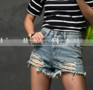Cheap Wholesale Women High Waist Worn Holes Shorts Light Blue Fashion High Waist Denim Shorts thumbnail-3