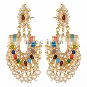 NAVRATAN Kundan Jadau Earring Tikka Gold Plated Chand Bali Set thumbnail-5