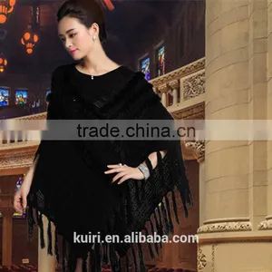 New 2015 Women Genuine Rabbit Fur Shawl Black Good Quality Real Fur Poncho Female Fashion Fur Shawl With Tassel thumbnail-3
