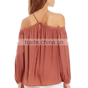 2017 Summer New Look Pullover Construction Sleeve Opening Cold Shoulder Blouse thumbnail-1