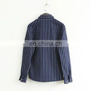 Vertical Striped Classic Denim Shirt Women Fashion Denim Blouse thumbnail-2