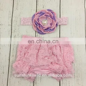 Pink Baby Lace Ruffle Shorts Matching Baby Headband Baby Girl Diaper Covers Baby Ruffle Bloomer thumbnail-1