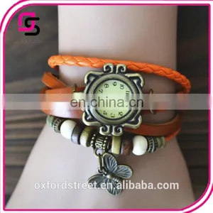 Ms Retro Hand-woven Imitation Leather Bracelet Watch Fashion and Colorful Butterfly Pendant Quartz Watch thumbnail-4