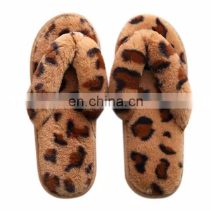 New Indoor Furry Sandals Leopard Fleece Slippers Female Rabbit Plush Anti-skid Flip Flops Womens Wholesale thumbnail-3
