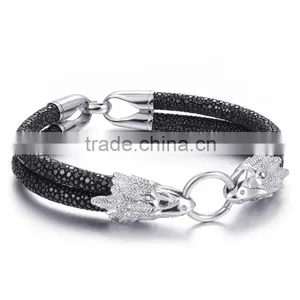 Fashion Genuine Stingray Leather Bracelet 2 Cord Mens Dragon Stainless Steel Silver Custom Jewelry Allibaba Com Wholesale Bangle thumbnail-2