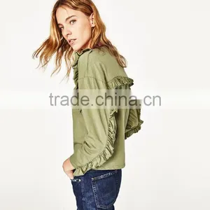 Women Fashion Long Sleeve Frilled T-shirts Tops Printed Round Neck Tops Blouses thumbnail-3