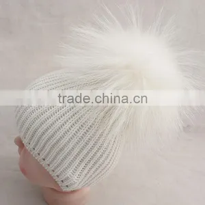 Myfur Baby Knitted Beanie Hat With Removable White Raccoon Fur Pom Poms Wholesale thumbnail-1