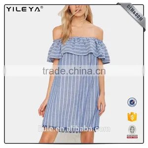 Blue Striped Women off the Shoulder Dress With Ruffles thumbnail-1