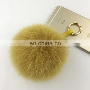 Large Fur Pompoms Mobile Leather Strap Keychain Ball With Gold RIng thumbnail-2