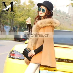 Great Quality Wool Shawl Coat Genuine Raccoon Fur Cape With Fur Hood thumbnail-3