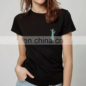 OEM Service Short Sleeve Cotton Casual Embroidered Cactus Lady Black T-shirt thumbnail-2