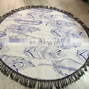 72" Indian Mandala Hippie Blue Feather Beach Throw Round Roundie Tapestries Hippy Boho Gypsy Round Beach Throw Yoga Mat Tassel thumbnail-1