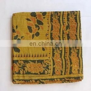 Quilt Handmade Reversible Kantha Vintage Bedspread Gudari Quilt Yellow Free Ship thumbnail-1