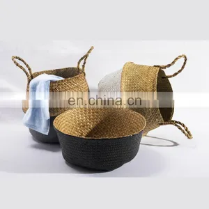 HBK Black Bicolor Handmade Handle Seagrass Belly Basket for Clothes and Toys thumbnail-4