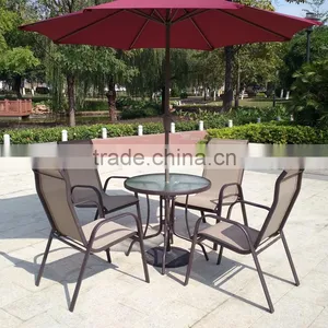All Weather Proof Coffee Brown 5 Piece Outdoor Garden Balcony Aluminum Sling Patio Furniture Round Glass Dining Table Chair Set thumbnail-1