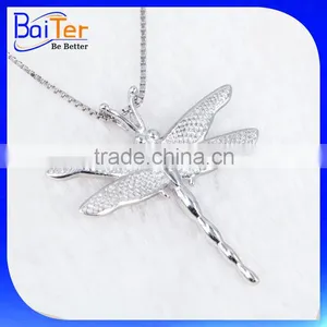 Hot White Gold CZ Paved 925 Sterling Silver Dragonfly Shaped Pendant Necklace thumbnail-1