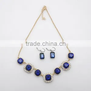 Wholesale Gold Chin Resin Jewelry Fashion Rhinestone Blue Ruby Necklace Set for Party thumbnail-3