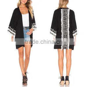 Trade Assurance Woman Overcoat Wide Sleeve Embroidered Black Kimono With Fringe thumbnail-1