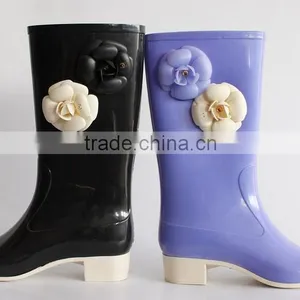 PVC Black and Purple and Flower, Glossy and Beautiful and Safety and Comfortable Rain Boots thumbnail-1