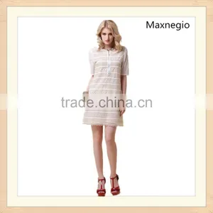 Embroidery Stripe Styles Ladies Elegant Short Sleeve Dresses thumbnail-3