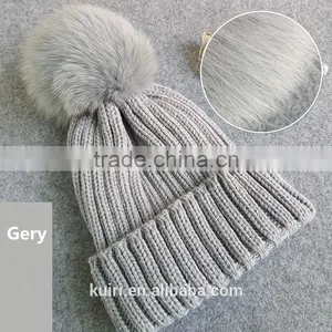Adult Lady Fox Fur Pom Pom Crochet Warm Black Winter Knitted Hats Cap For Women Perfect Valentine's Day Gift thumbnail-4