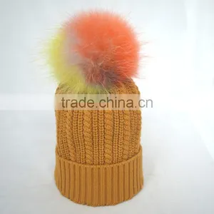 Myfur OEM Latest Women Ginger Ribbed Knitting Beanie Cap With Removable Pompom thumbnail-4