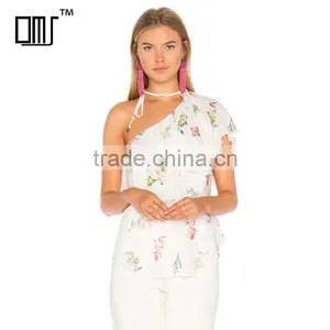 Choker Design Chiffon Top Floral One Shoulder Lady Blouse thumbnail-1