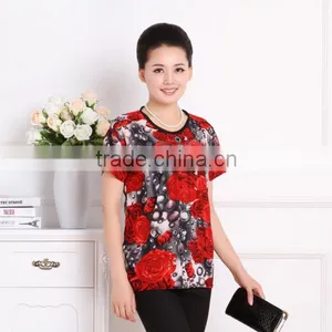 2017 New Middle-aged Women's Ice-silk Round Neck T-shirt Single Large Size Mother Loaded Short-sleeved Shirt thumbnail-5
