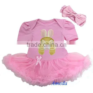 Baby Light Pink Bunny Rabbit Bodysuit Romper Pettiskirt Bow Headband 2pc 0-18M thumbnail-1