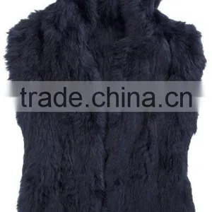 YR253 Latest Design Women Hooded Hand Knit Rabbit Fur Waistcoat thumbnail-4