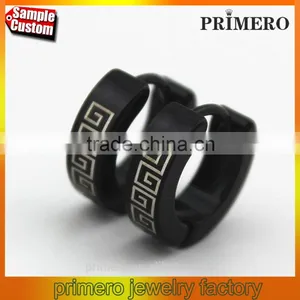 Classic 316L Stainless Steel Small Huggie Hoop Men Great Wall Pattern Silver Black Earrings thumbnail-1