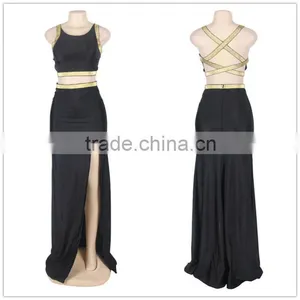 2016 Latest Fashion Black Cross-strapped Night Gown Party Wear Two Piece Prom Dress thumbnail-1
