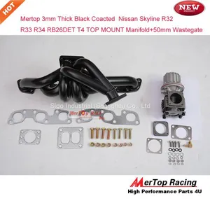 Mertop 3mm Thick Black Coated Niss** Skyline GTR R32 R33 R34 RB26DETT RB26 T4 TOP MOUNT Turbo Exhaust Manifold+50mm Wast thumbnail-2
