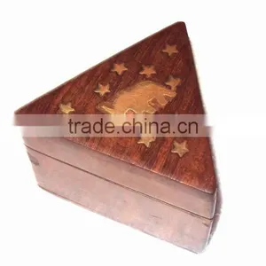 Wood Triangle Storage Box, Wooden Carved & Brassinlay Decorative Box, Decorative Storage Box, Wooden Storage Box thumbnail-1