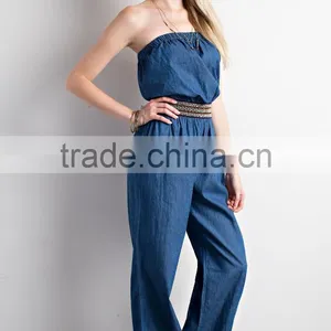 100% Cotton Solid Denim Woven Jumpsuit Elastic Waist Off Shoulder Plus Size Denim Jumpsuit Women thumbnail-2