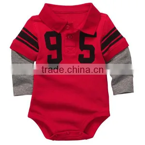 Baby Red and Grey Layered-Look Sleeve Varsity Polo Bodysuit thumbnail-1