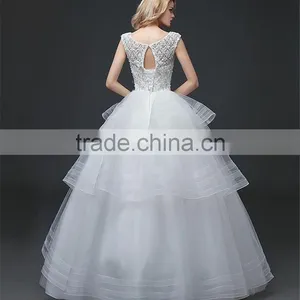 Cream Sleeveless A-line Tiered Wedding Dress Beaded Corchet Cut Out Back Crisscross Bride Grown thumbnail-2